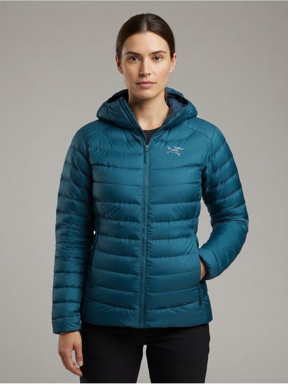 Arc'teryx Cerium LT Down Hoody Jacket Teal Blue Women's Small Corporate Logo